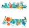 Summer tropical background banner with exotic paradise birds, palm leaves and hibiscus flowers.