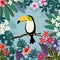 Summer tropical background. Toucan bird with palm and monstera leaves, hibiscus and plumeria flowers. Stock vector