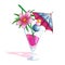 Summer tropical beach cocktail. A glass with a pink drink, a blue umbrella, pink tropical flower