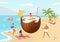 Summer tropical beach at sea with coconut drink, vector illustration. Beautiful people character at cartoon holiday