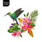 Summer Tropical Design with Hummingbird and Exotic Flowers. Floral Background with Tropic Bird, Plumeria and Palm Leaves