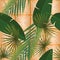 Summer tropical palm leaves seamless pattern on copper texture stripes.