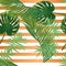 Summer tropical palm leaves seamless pattern on copper texture stripes.