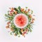 Summer tropical round flowers composition with palm leaves and orange paper party fan on white