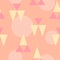 Summer tropical seamless pattern with abstract colorful triangles and circles on peach beige background, editable vector