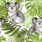 Summer tropical seamless pattern with cute koala bear and green exotic leaves. Hand painted wild animal, palm leaves and monstera
