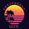 Summer tropical text California 1974 with sunset gradient and palms silhouette on black background.