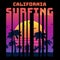 Summer tropical text California surfing with sunset gradient and palms and surfers silhouette.