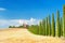 Summer Tuscan landscape, green field and blue sky