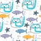 Summer undersea seamless pattern with cartoon cats, fish, decor elements. Colorful vector flat for kids. hand drawing.
