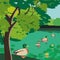 Summer urban garden pond with ducks illustration