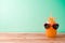 Summer vacation background with cute pineapple juice and sunglasses on wooden table