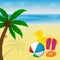 Summer vacation banner design. Palm tree, beachball, flip flops, rubber duck and flying disk on a tropical sea beach.