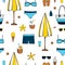 Summer vacation. Beach umbrella, starfish, flip flops, sunglasses , seashells. Vector seamless pattern