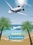 Summer Vacation card with tropic beach and a plane Vector. Travel card exotic destination template banners