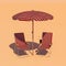 Summer vacation concept. Beach umbrella, chairs and cocktail on orange background. 3d rendering