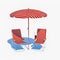 Summer vacation concept. Beach umbrella, chairs and cocktail on white background. 3d rendering