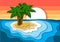 Summer vacation concept with bright tropical island, sand beach, sea or ocean waves and sunset sky.