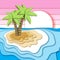 Summer vacation concept with tropical island, sand beach, sea or ocean waves and sunset sky.