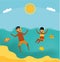 Summer vacation. Family swimming in sea. Brother and sister dive into the sea. Sea tour. African american family. Flat cartoon ill