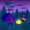 Summer vacation in a forest campsite with a tent. Man plays guitar and woman roasts marshmallows over a campfire in the