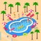 Summer vacation in hotel resort. Vector 3d isometric illustration. Summer pool party design elements