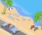 Summer vacation isometric vector illustration. Cabriolet driver, man driving passenger car on road trip cartoon