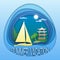 Summer vacation logo template. Sailing yacht at sea, palm trees and pagoda on island.