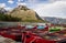 Summer vacation in the mountains. Active recreation - canoeing, kayaking lake Minnewanka, Banff National Park, Alberta, Canada