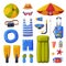 Summer Vacation Objects Collection, Suitcase, Shorts, Flippers, Flip Flops, Camera, Beach Umbrella, Traveling and