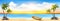 Summer vacation panorama. Tropical beach with a palm tree, blue sea and a pleasure boat.