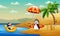 Summer vacation with penguins having at the beach