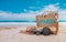 Summer vacation at Phuket beach Wooden bag with sunglass on the summer beach Equipped with camera,  hat, Bluetooth speaker on the