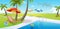 summer vacation pool grass pool ladder tourism theme palm sun lounger beach ball bag hat slippers umbrella sky clouds vector