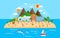 Summer vacation on sea banner. Bright travel summer island landscape in flat style. Beach island with mountains, hotels