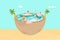 Summer vacation on sea beach, people swimming and sunbathing, tropical palms and sand, ocean flat vector illustration.