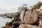 Summer vacation still life. French straw basket with olive tree branches on beach rocks. Blurred background with sea