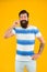 Summer vacation. Summer style. Cheerful sailor. Join my wave. Man bearded hipster with mustache and long beard on yellow