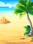 Summer vacation with sun, sea, sky, palm trees, beach, boat