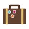 Summer vacation travel, retro suitcase with stickers, flat icon style
