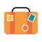 Summer vacation travel, suitcase with stickers, flat icon style