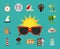 Summer vacation travel, sunglasses sun compass tree hat camera passport flat icons set