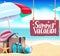 Summer vacation vector banner design. Summer vacation text in hanging wood texture with umbrella, luggage, beach ball and hat