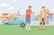 Summer vacation vector flat illustration. Man buying fresh fish from fisherman, his friend waiting in car.
