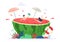 Summer vacation vibe vector concept illustration. Tiny people enjoy relaxing and swimming in a juicy watermelon.