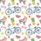 Summer vacation vibes seamless pattern with beach bicycle,roller skates, pineapple, watermelon on white background