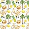 Summer vacation vibes seamless pattern. Watercolor marine print with yellow bicycle, starfish, sunglasses, palm tree, lemons