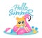 Summer Vacations Concept. Fashion Young Girl Is Swimming In Rubber Pink Flamingo In The Pool Drinking Cocktail. Cute