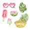 Summer vacations elements collection with watermelon, sunglasses, tropical leaf, popsicles. Watercolor illustration on white