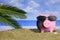 Summer vacations - Piggy bank on a sandy beach. 3d illustration